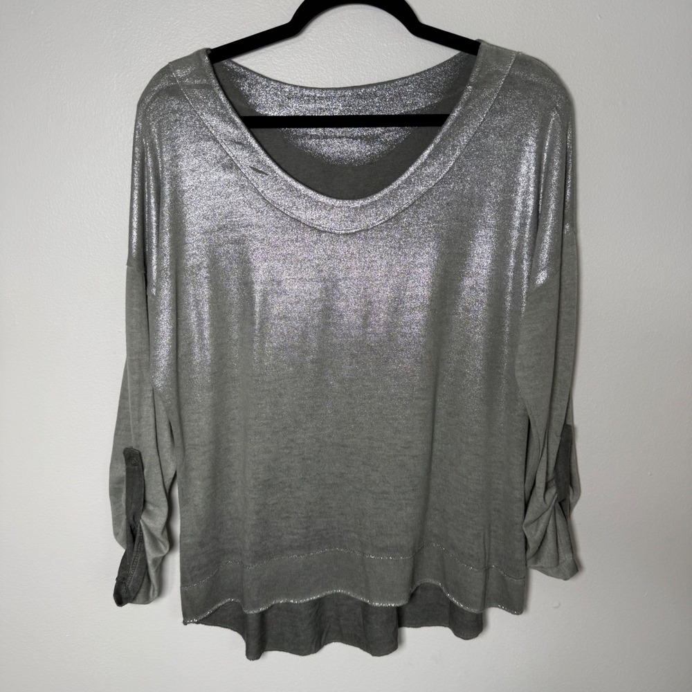 Avant Toi Designer No Label Metallic Silver Ombre Roll Tab Blouse M Glam Grunge
